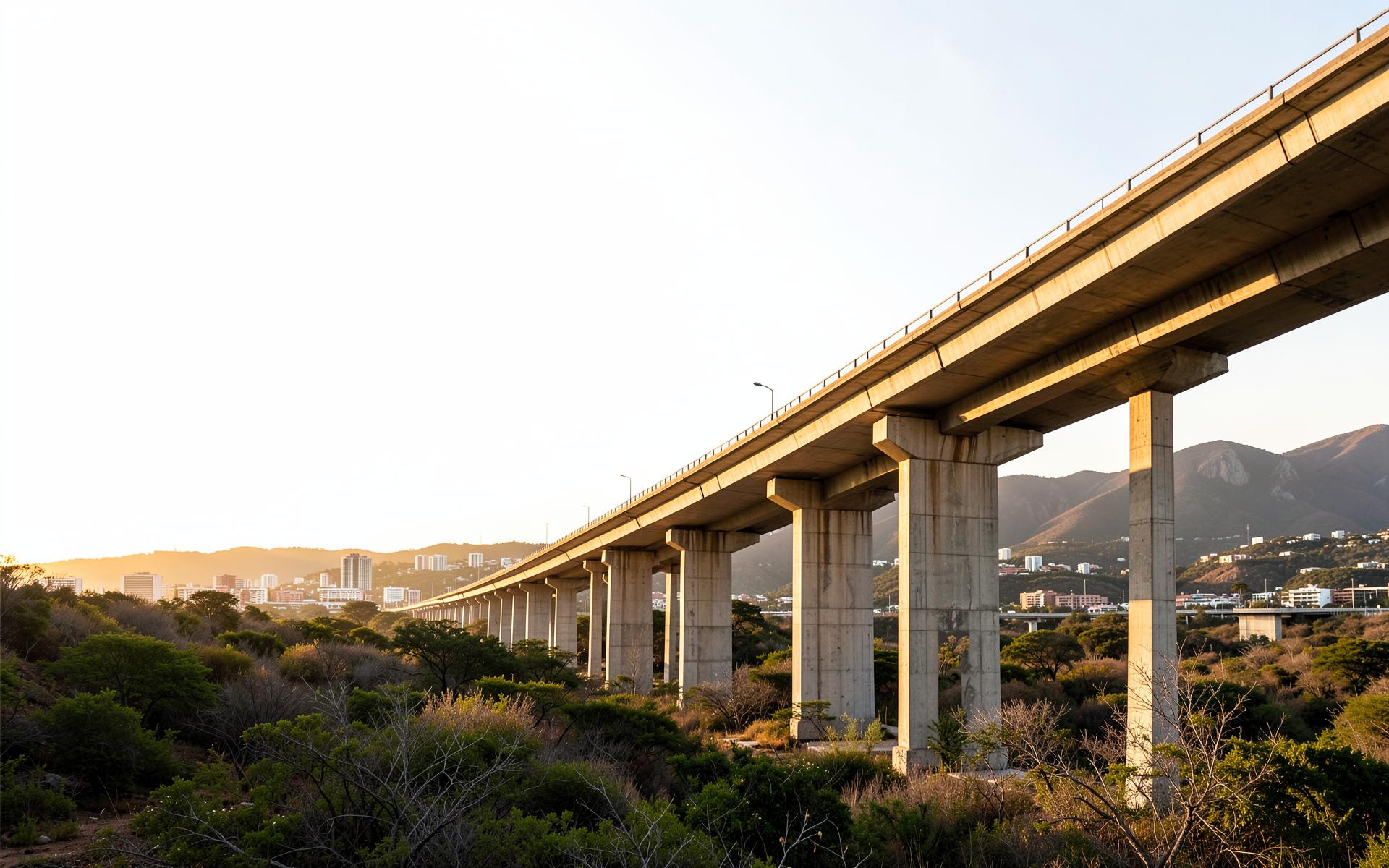 Viaducto elevado entre paisaje urbano y montañas al amanecer